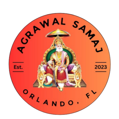 Agrawal Samaj emblem showing Maharaja Agrasen on his throne, with the words Est. 2023, Orlando, FL